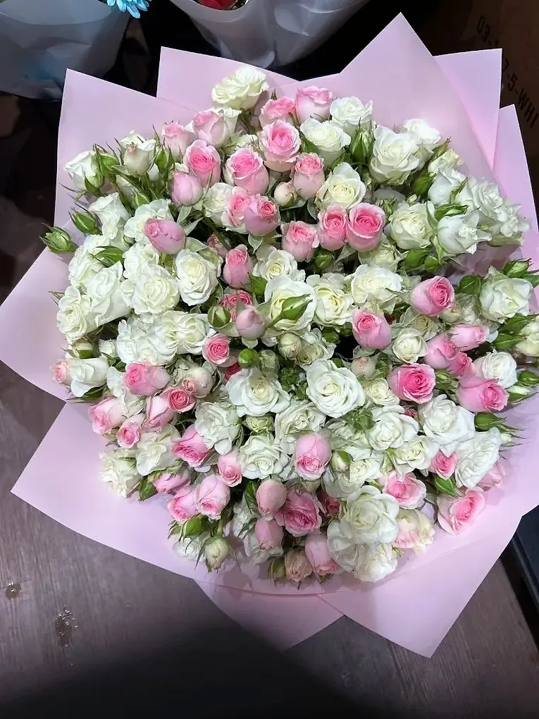 Large bouquet of pink and white spray roses in lilac wrapping
